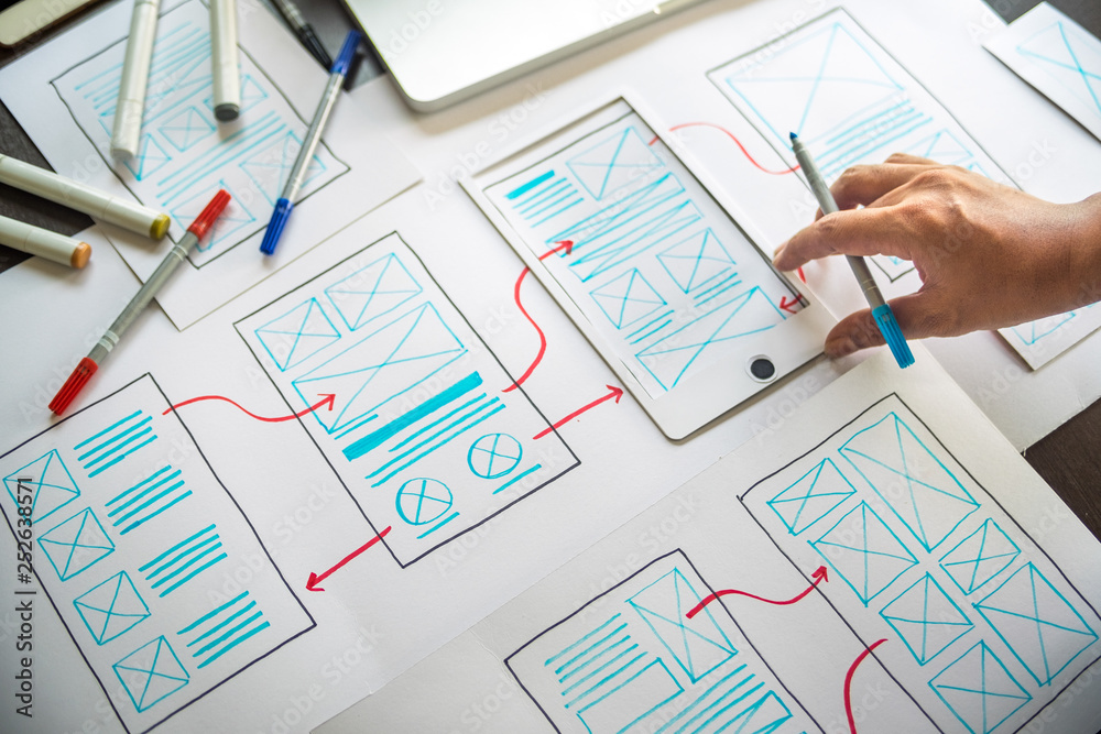 Poster ux graphic designer creative sketch planning application process development prototype wireframe for