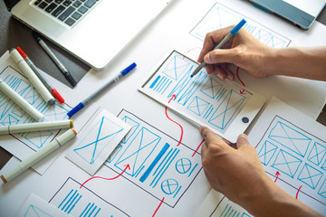 ux Graphic designer creative  sketch planning application process development prototype wireframe for web mobile phone . User experience concept.