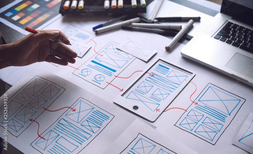 Poster ux graphic designer creative sketch planning application process development prototype wireframe for