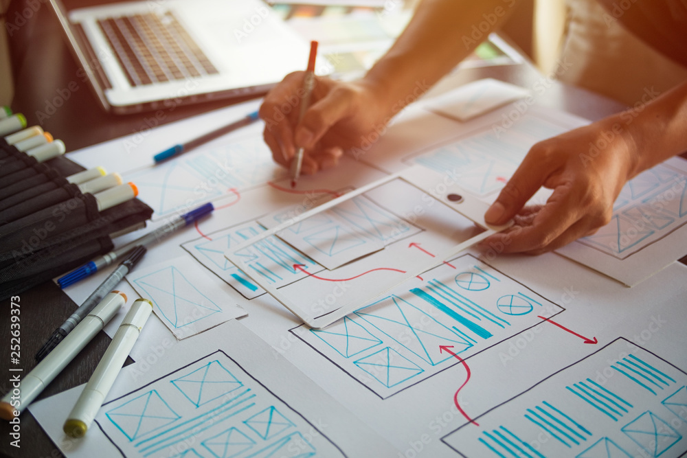 Poster ux graphic designer creative sketch planning application process development prototype wireframe for