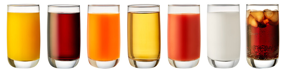 Set Glass of fresh juice, milk, cola isolated on white background. 