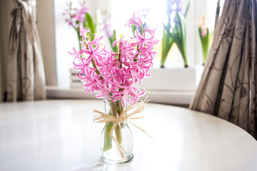 bouquet of flowers hyacinths in a vase on table