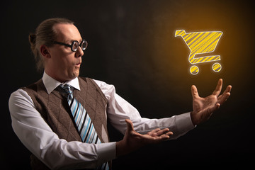 Funny nerd or geek showing shopping cart icon