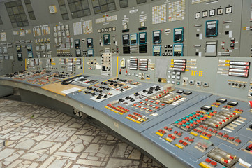 Main control board in a control operations room of the reactor of the Chernobyl Nuclear Power Plant