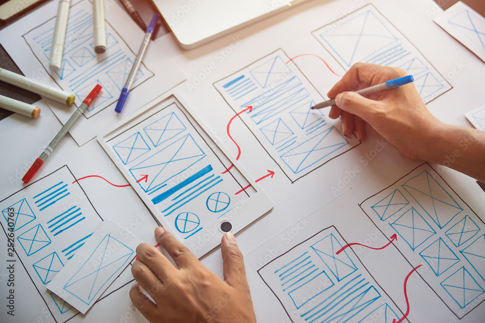Poster ux graphic designer creative sketch planning application process development prototype wireframe for