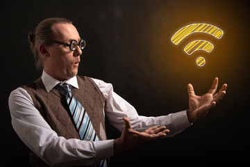 Funny nerd or geek showing network icon lan wlan