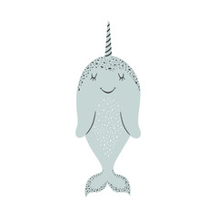 Cute vector illustration with narwhal baby for baby wear and invitation card. © Arina