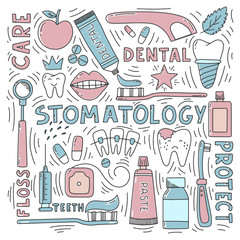 Stomatology doodle set with lettering