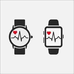A smart clock with a picture of the heart rate on the screen isolated on a gray background. Watch icon. Heartbeat line. Two oprion.