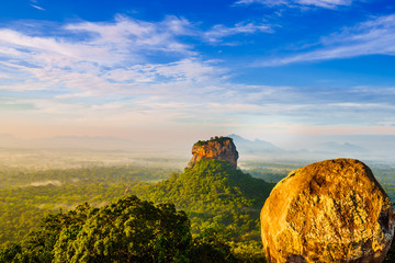 Sunrise view to Sigiriya rock - Lion Rock - from Pidurangala Rock in Sri Lanka