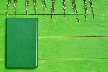A book in a hard green cover on a green wooden background and willow branches. Top view. Copy space