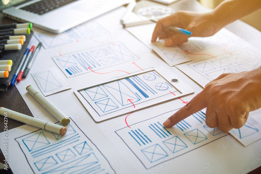 Poster ux graphic designer creative sketch planning application process development prototype wireframe for