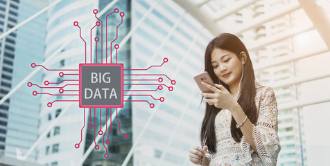 Business woman works on the smartphone on the internet of things big data concept