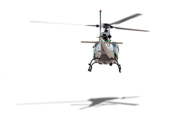 A white helicopter hopping in position on white background back view isolated.
