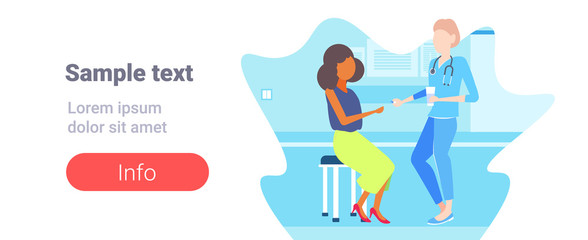 female doctor giving medications pills to african american woman patient consultation medicine and healthcare concept clinic room interior flat copy space horizontal