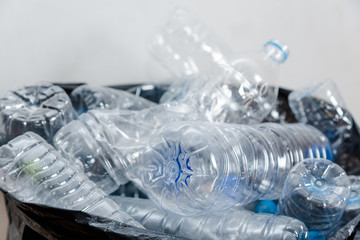 Plastic bottles in black garbage bags waiting to be taken to recycle.