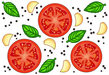 Fresh red tomato slices with garlic, green basil and black pepper with shadows and highlights isolated on white background isometric front view.