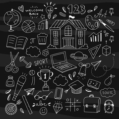 Hand drawn school vector illustrations on blackboard. Cute back to school elements and icons