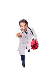 Young male doctor paramedic isolated on white 