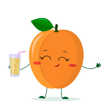 Cute ripe apricot cartoon character holding a glass with juice. Logo, template, design. Vector illustration, flat style