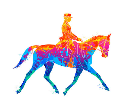 Abstract Equestrian sport from splash of watercolors. Jockey in uniform riding horse. Dressage