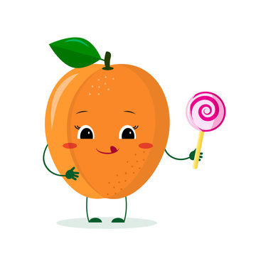 Cute ripe apricot cartoon character with lollipop. Logo, template, design. Vector illustration, a flat style