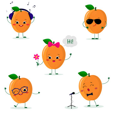 A set of five ripe apricot Smiley in a cartoon style. In headphones, in sunglasses, dancing in glasses , with a flower, singing into the microphone. Flat, Vector illustration