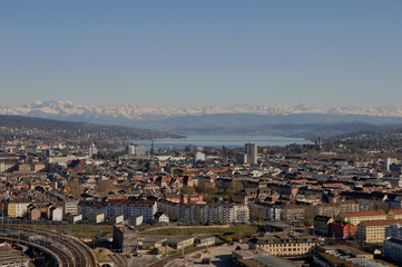 Panoramic view of Zürich city from Switzerlands second highest skyscraper to the University, ETH and old town