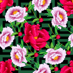 Vector red and pink peony floral botanical flowers. Engraved ink art. Seamless background pattern.