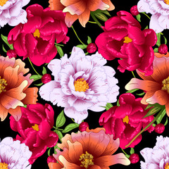 Vector red and pink peony floral botanical flowers. Engraved ink art. Seamless background pattern.
