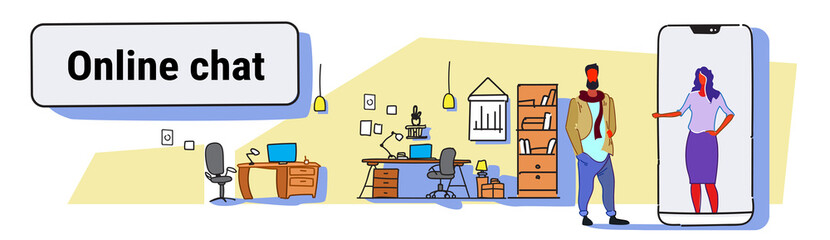 man chatting with elegant woman in smartphone screen online chat concept couple using mobile application workplace office interior colorful sketch horizontal banner