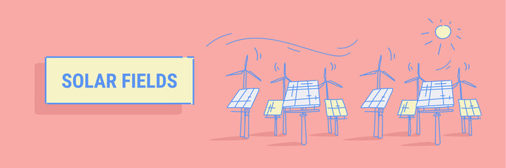 wind turbine solar energy panel fields renewable station alternative electricity source concept photovoltaic district sketch horizontal banner