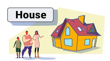 family parents and son in front of big modern house residence estate new home exterior colorful sketch doodle horizontal