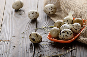 Fototapeta na wymiar Fresh organic quail eggs in orange clay plate on wooden rustic kitchen table. Space for text