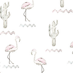 Seamless pattern. Blue watercolor cactus and pink flamingo with black outline on white background