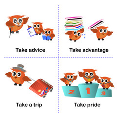 set of take activities, How to use take for kids. advice. advantage. a trip. pride. vector illustration