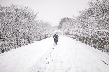 Lone man with an umbrella walking on ground-covered snow at Keage Incline during a rare heavy...