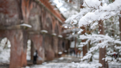 Photo of the beautiful winter landscape at the large brick aqueduct that passes through the temple grounds in Kyoto City's Nanzenji Temple in Japan.