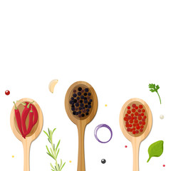 Different types of pepper in wooden spoons, chili and spices. Background layout for recipes, menu, cooking Studio. Vector illustration.