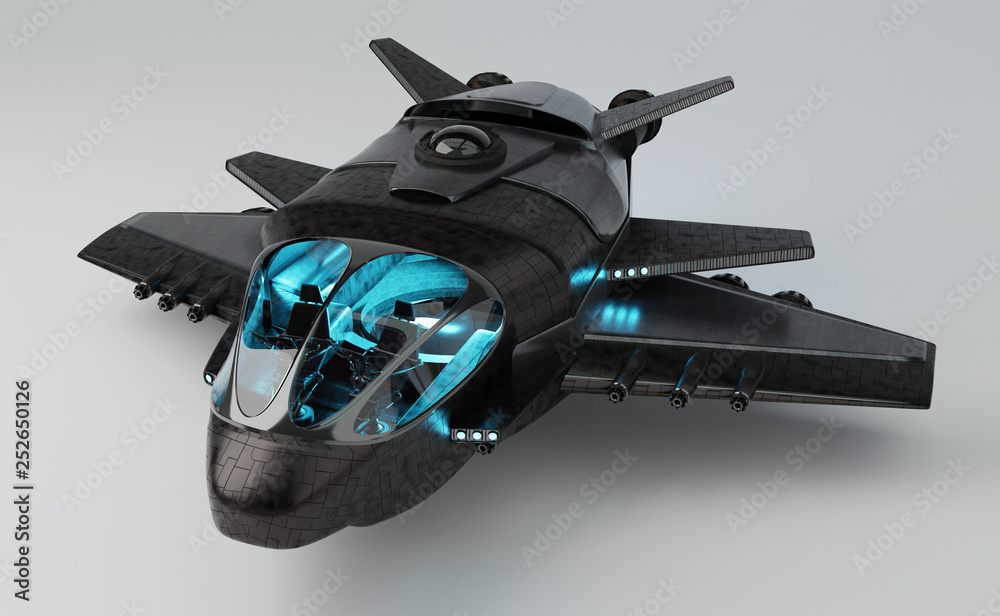 Poster Futuristic spacecraft isolated on grey background 3D rendering