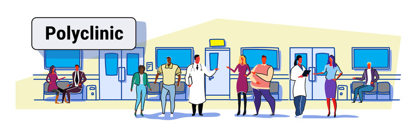 male female doctors discussing with mix race patients hospital clinic hall seats and doors corridor polyclinic interior medical consultation concept sketch flow style doodle horizontal