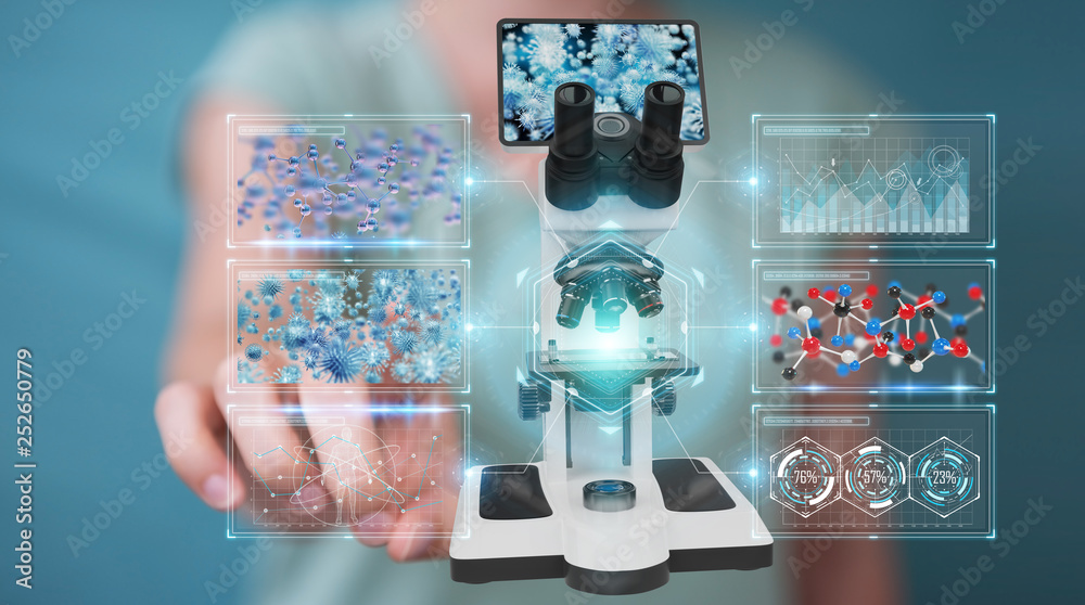 Aufkleber businesswoman using modern microscope with digital analysis 3d rendering