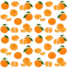 Mandarin, tangerine, clementine with leaves isolated on white background. Citrus fruit background. Seamless pattern. Raster Illustration