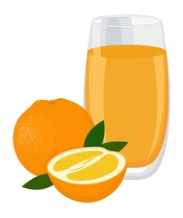 Orange drink. Glass of orange juice and slices of orange fruit. Raster illustration on white background