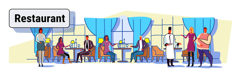 people visitors sitting at restaurant tables waiters showing hospitality and serving guests modern cafe interior design colorful sketch flow style horizontal banner