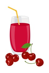 Cherry juice. A glass of cherry juice and cherries. Raster illustration on white background