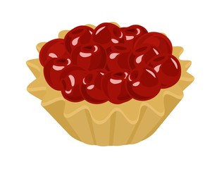 Tartlet with fresh cherries and cream. Raster illustration on white background.
