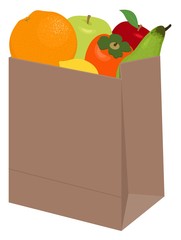 Paper bag of different health food on white background. Grocery in a paper bag and fruits in paper bag. Raster illustration.
