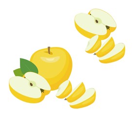 Apples with half apple and slices. Raster illustration on white background.