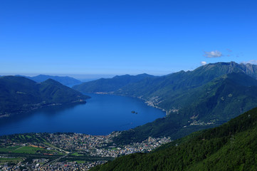 Paragliding above Lake Maggiore, Ascona and Locarno city in Ticino